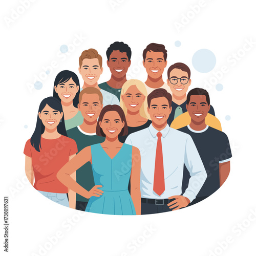Diverse Team of Professionals Smiling Together in a Group Portrait Illustration