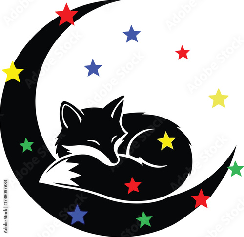 Cute black fox silhouette sleeping peacefully on a crescent moon, surrounded by colorful red blue green and yellow stars, a charming abstract lullaby vector illustration.