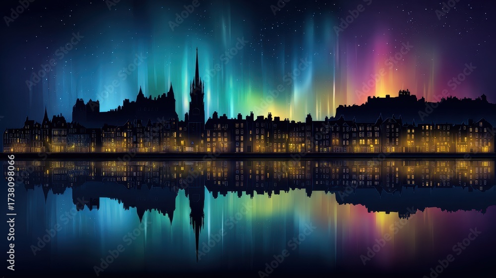 Obraz premium Cityscape Silhouette Under Aurora Borealis with Water Reflection