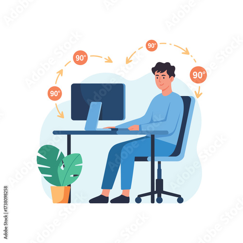 Ergonomic workstation setup for office worker showing correct posture angles and alignment