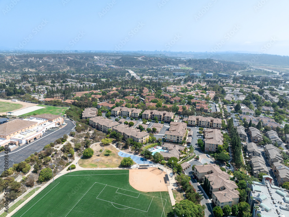 Fototapeta premium Aerial view of Del Mar Neighborhood, San Diego County, California, United States, located next the coast of the Pacific Ocean