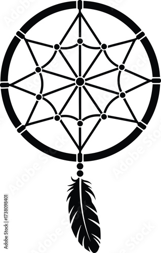 Detailed black and white silhouette of a traditional dream catcher with a circular web and hanging feather, a spiritual and cultural monochrome vector illustration for decoration and design.