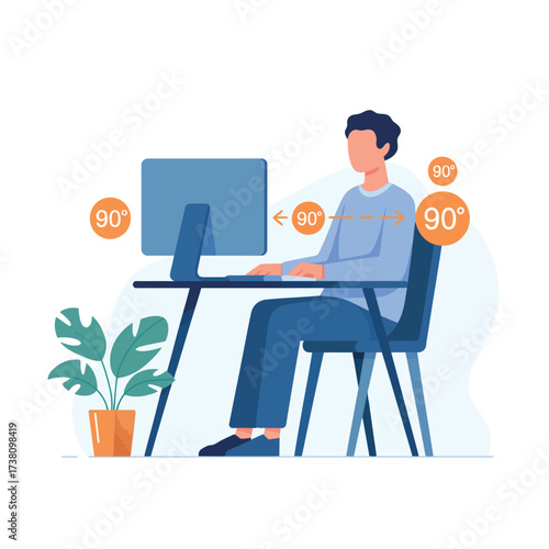Correct posture for working on a computer illustrating ergonomics and health benefits