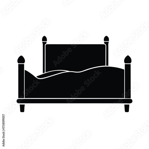 Minimalist black silhouette of a bed on a clean white background
