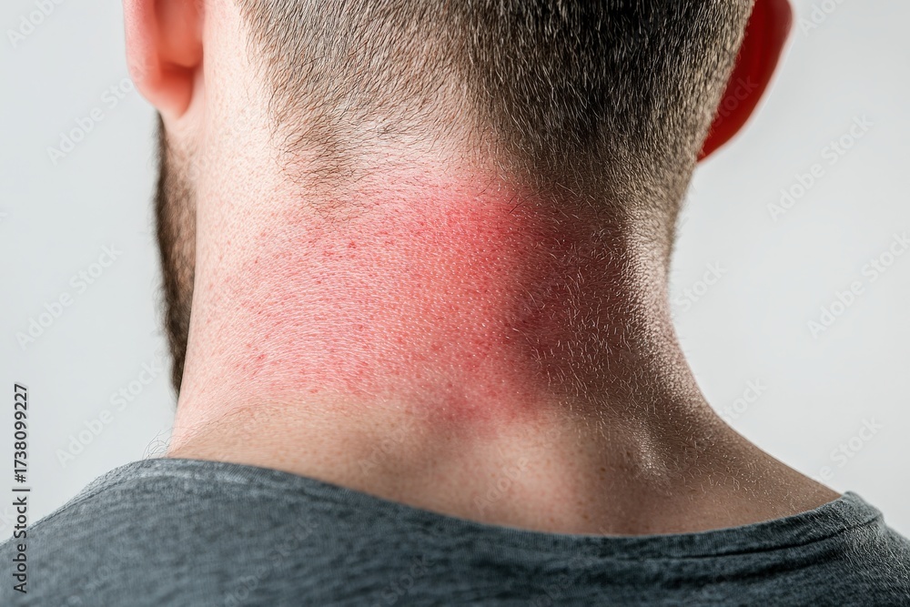 Naklejka premium Close-up view of skin redness on a man's neck.