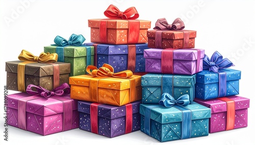 A stack of colorful gift boxes with ribbons and bows, arranged neatly, realistic fabric textures isolated on white background
