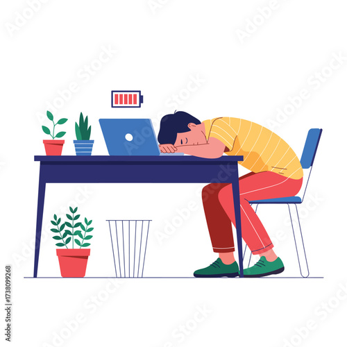 Exhausted Man Leaning on Desk with Laptop and Low Battery Icon Concept