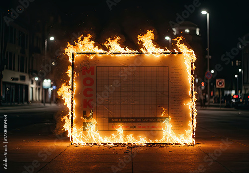 Horizontal Street Sign on Fire Mockup