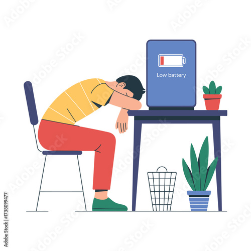 Burnout illustration of exhausted man with low battery laptop concept design
