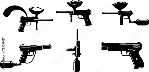 Curling Paintball gun silhouettes, Paintball pistol silhouette, Paintball gun, Paintball gun clipart, Pistol silhouette, Paintball gun vector illustration