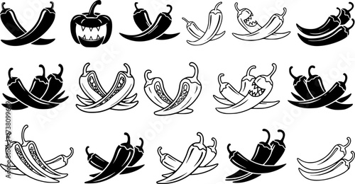 hili pepper silhouettes, Chili vector illustration, Chili pepper, Chili pepper clipart, Chili pepper logo, Hot chili pepper silhouettes, Chili, Half chili, Chili silhouette bundle.
