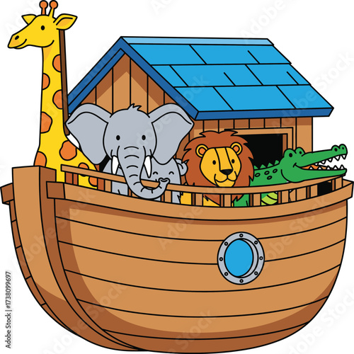 Colorful Cartoon Animals on Wooden Ark with Blue Roof Vector Illustration