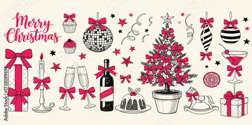 A charming array of hand-drawn Christmas and holiday celebration elements, perfect for seasonal designs, greeting cards, and festive projects, capturing the joyful spirit of winter