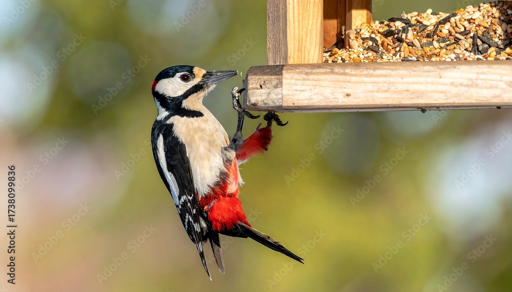 Naklejka premium Woodpecker on bird feeder