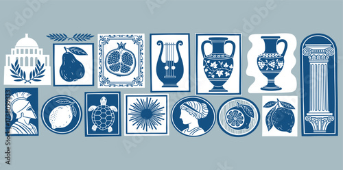 Collection of Decorative Blue and White Illustrations with Architectural and Botanical Elements