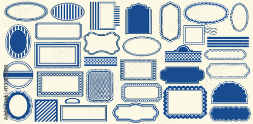 A versatile assortment of blue and cream ornate borders, labels, and classic frames, featuring various shapes and decorative patterns for graphic design projects