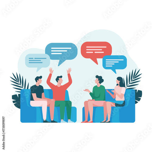 Group therapy session with people talking sharing emotions and experiences vector illustration