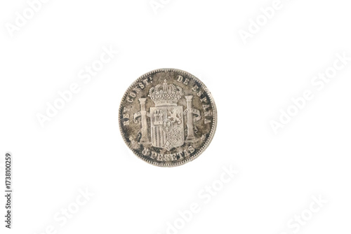 Cardiff, Mid Glamorgan Wales UK October 02 2025 reverse  side of a solid silver Spanish 5 Pesetas Coin