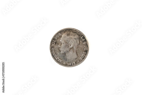 Cardiff, Mid Glamorgan Wales UK October 02 2025 monarch king   side of a solid silver Spanish 5 Pesetas Coin