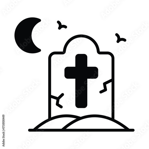 Creepy gravestone with cross and moon, perfect Halloween spooky design