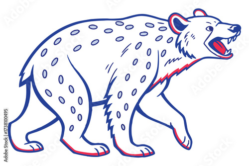 Cartoon Hyena Walking, Blue Outline and Spots, Red Accent, White Background