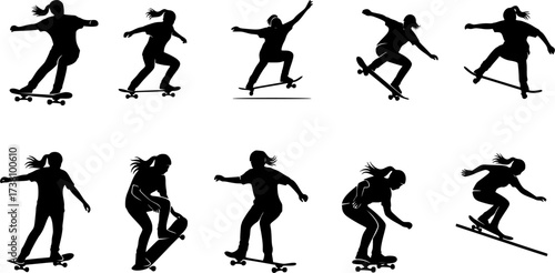 Woman skateboarder silhouette, Skate silhouette, Girl Skateboard silhouettes, Skateboard vector, Woman skateboarding silhouettes, Skateboarding bundle