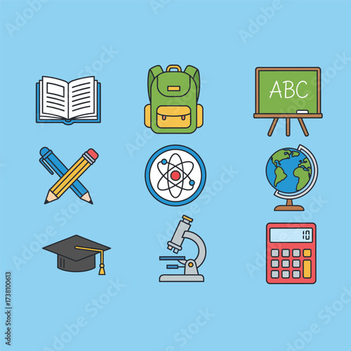 A collection of colorful flat design icons representing various educational and school-related items on a light blue background.