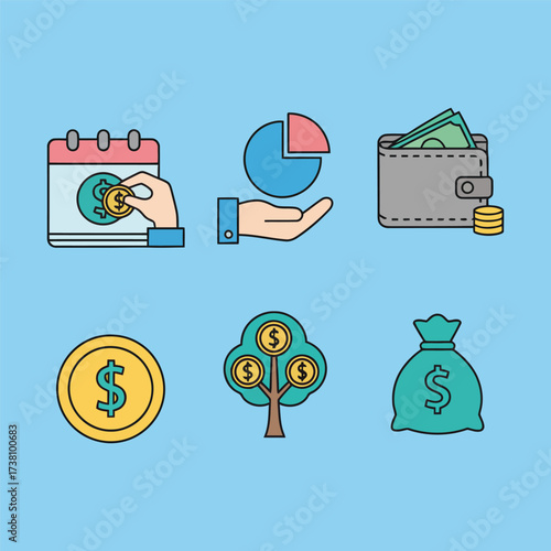 A collection of six colorful flat design icons representing various financial concepts such as savings, investment, budgeting, wealth, and money management on a light blue background.