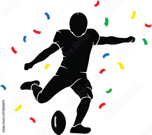 Silhouette of an american football player kicking the ball through a shower of colorful confetti, a celebratory vector graphic for a winning sports game and success.