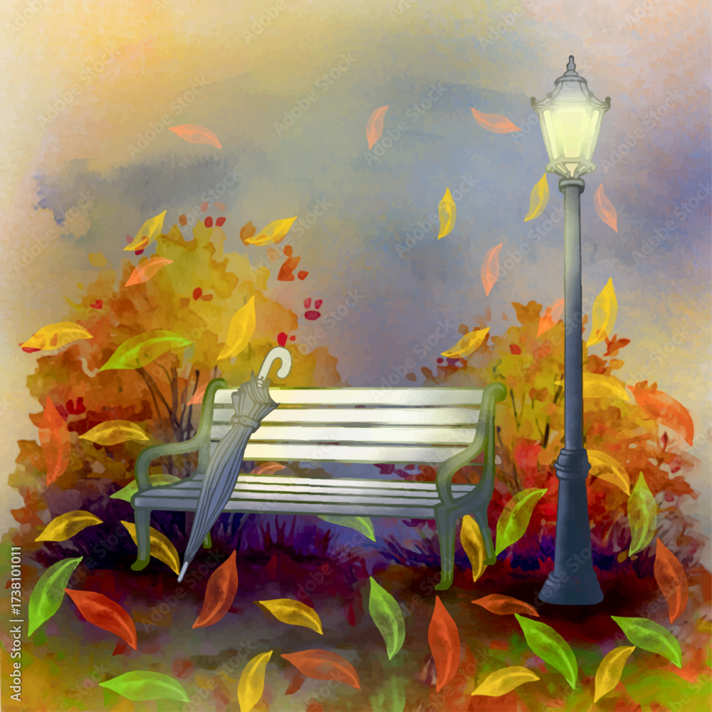 Φωτογραφία Illustration of a park bench with umbrella beside a vintage street lamp surround