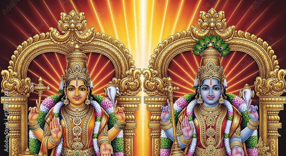 Obraz premium Decorative Hindu Deity Statues with Ornate Gold Crowns and Bright Background