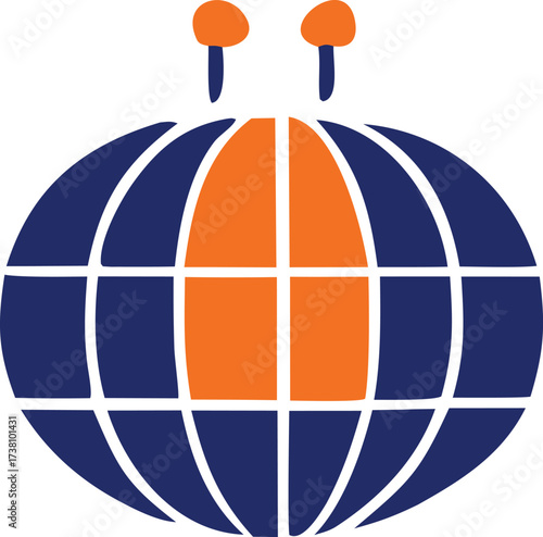 Abstract globe logo with orange and blue panels and antennae representing global communication and technology