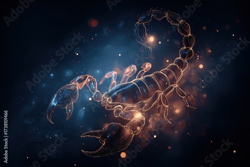 Scorpio zodiac symbol with scorpion silhouette, dark cosmic background, mysterious vibe