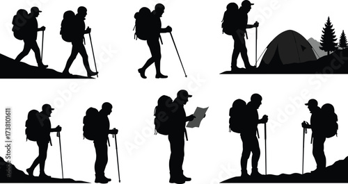 Hiking trekking backpacker silhouettes with walking stick camping tent forest map reading outdoor adventure wilderness travel exploration vector illustration set