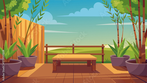 A peaceful outdoor patio with a wooden deck and a wooden bench surrounded by bamboo plants