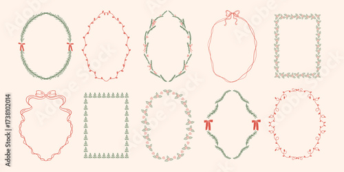 Doodle hand drawn Xmas frames. Vintage whimsical borders with garlands, branches Christmas tree, bows, mistletoe. Trendy holiday design template for poster, banner, invitation, greeting card, menu.