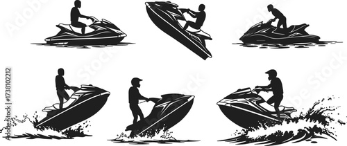 Jet ski silhouette vector set showing riders performing tricks, jumps, splashes, and water sports action in dynamic black and white style