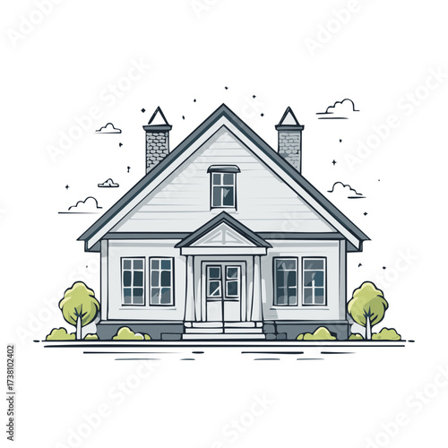 Charming White House with Green Trees and Cloudy Sky Illustration