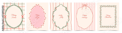 Doodle hand drawn Xmas greeting cards. Vintage whimsical design with borders and frames, garlands, branches Christmas tree, mistletoe, bows. Trendy vector template for branding, poster, invitation.