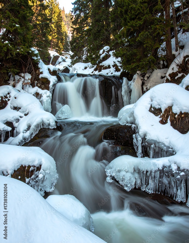 Obraz premium Winter waterfall cascading over icy rocks