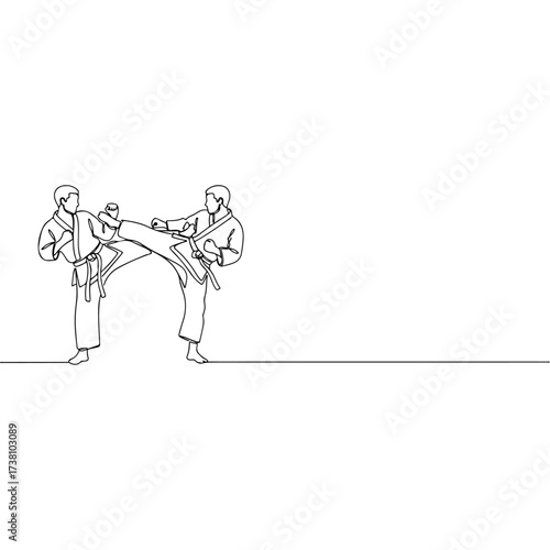 Two karate practitioners sparring, executing a high kick in training