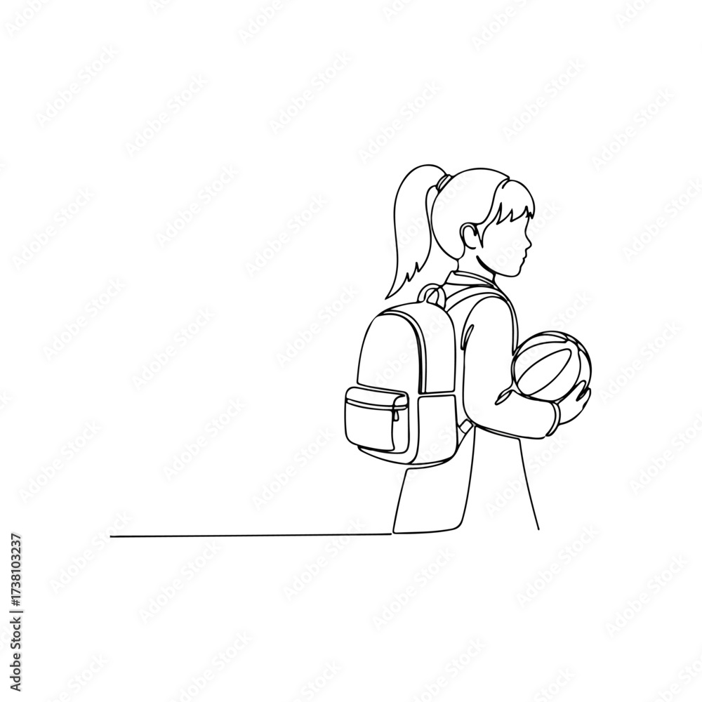 Fototapeta premium Young student holding basketball with backpack, line art on white