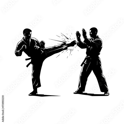Martial artists practicing kickboxing technique in silhouette
