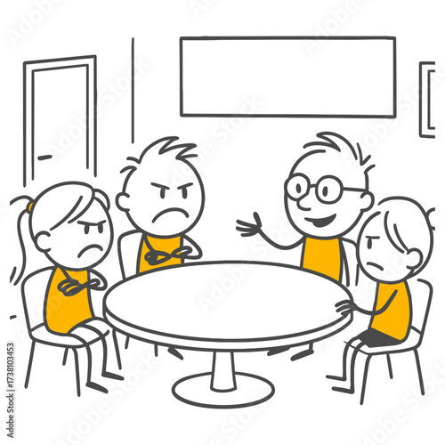 The Heated Discussion of a Four-Person Team Around a Round Table.