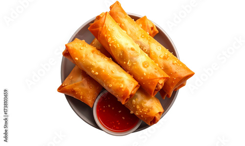 Angled Top View of Spring Rolls with Dipping Sauce, Transparent Background, PNG