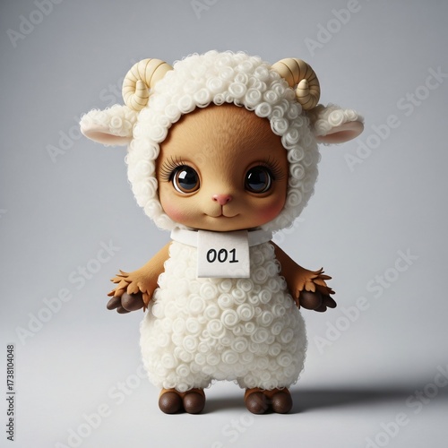 Adorable cartoon sheep character with fluffy white wool curved horns and bib number 001