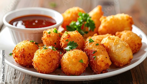 Golden Fried Appetizers on White Plate with Dipping Sauce on Brown Wooden Table Top View Comfort Food Platter