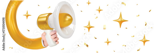 3d hand holding white and gold megaphone with golden stars realistic icon isolated on white background. Vector speaker illustration, attention concept