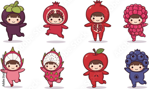 Cartoon Children Wearing Fruit Costumes Including Strawberry, Apple, Lychee, and More for Kids Education, Nutrition, Festival, and Vector Design