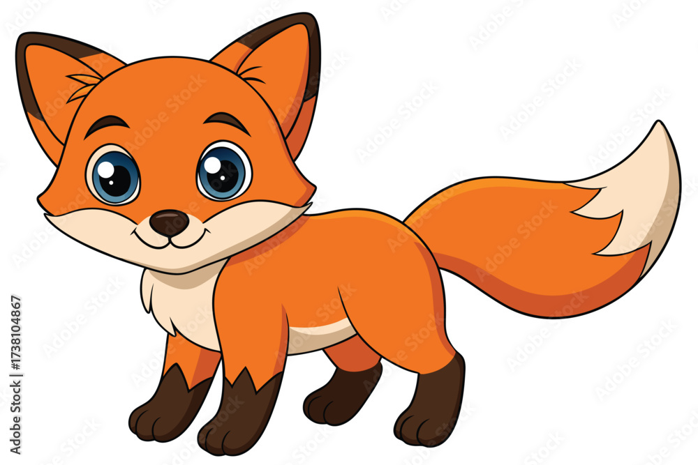 Obraz premium Cartoon Orange Fox Standing, Cute Animal with Blue Eyes on White Background